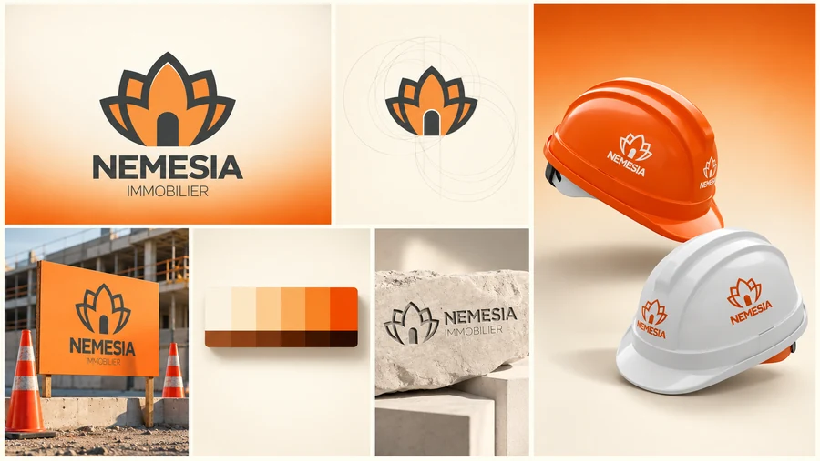 Nemesia identity presentation in cream and orange: logo, construction, signage, palette, stone and safety helmets